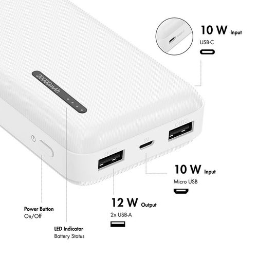 Powerbank 20,000 mAh, 2x USB-A, 1x USB-C, White