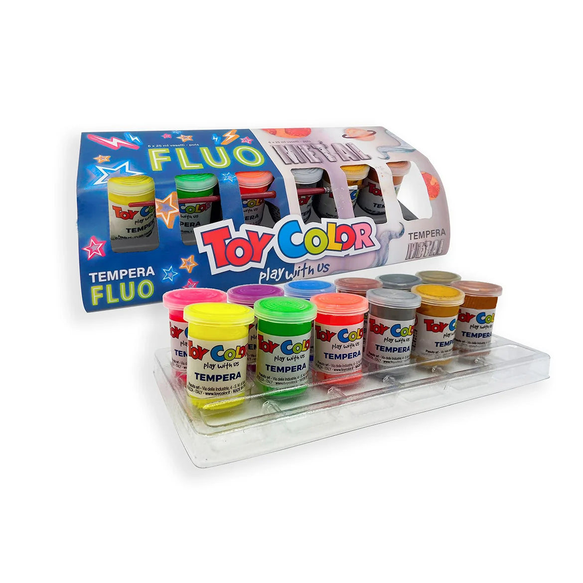 Toy Color Fluo & Metal Tempera – 13-Piece Set 6+6 Pots 25ml